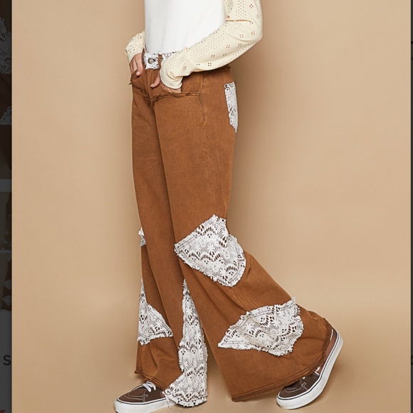 POL Rust Brown Crochet lace Denim Jean Wide Leg Pants - Picture 2 of 4